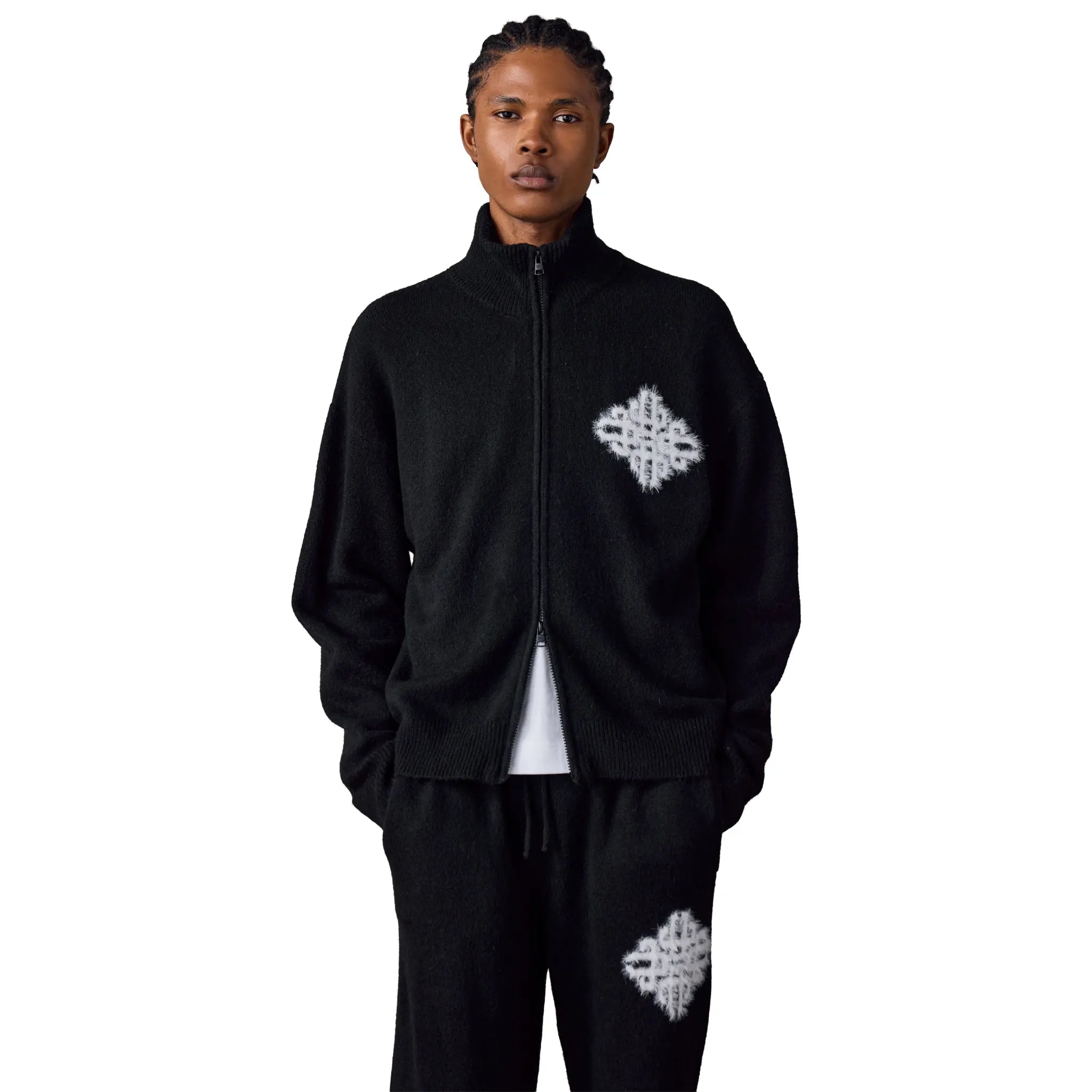 Front View of The Couture Club Fluffy Knit Black Neck Funnel Sweatshirt